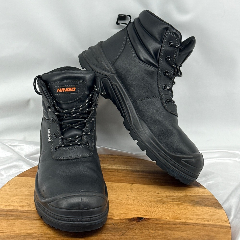 Ningo AQX65 Work Boots Mens 9.5 Black Leather Steel Toe EH PR Safety Shoes